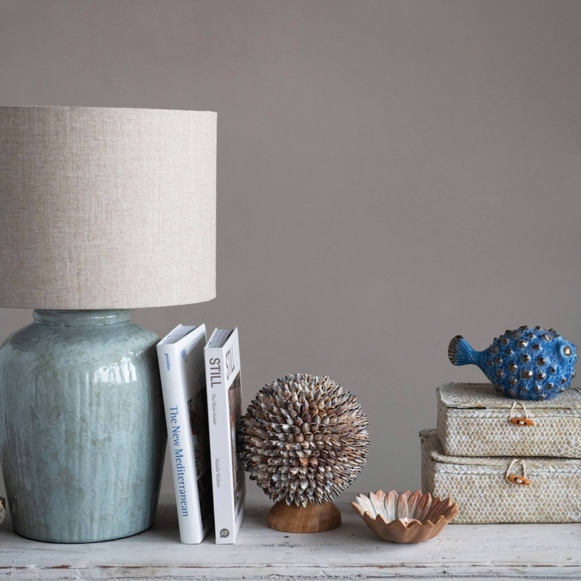 Hello Honey® 25" Aqua Reactive Glass Coastal Stoneware Table Lamp with Linen Shade